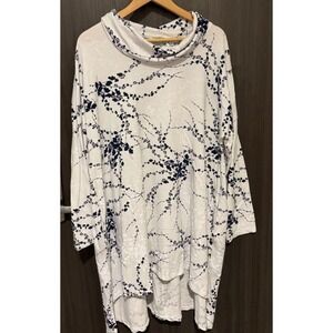 Kaktus Tunic Top Women's Medium White Floral Cotton Stretch Cowl Neck Whimsy